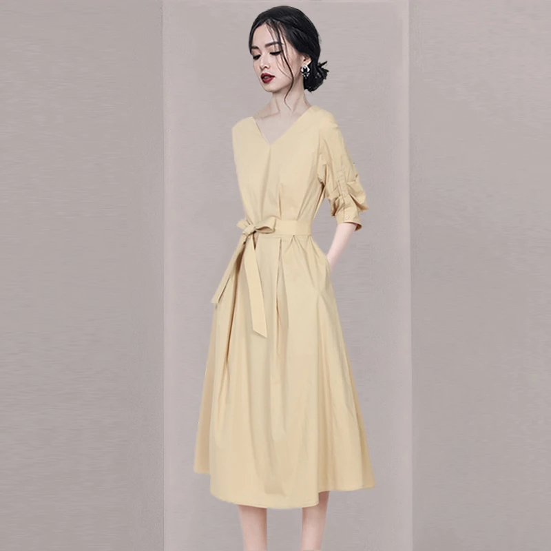 高级感知性优雅系带收腰连衣裙夏季新款V领显瘦大摆A字裙中长款