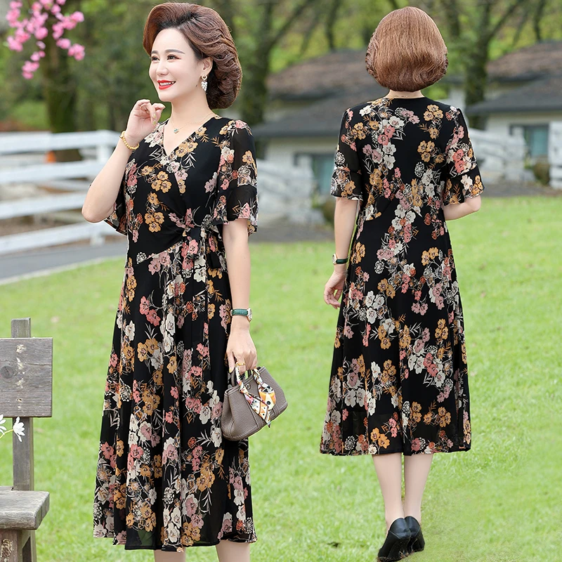 年轻妈妈夏装雪纺连衣裙中年女洋气过膝40岁50中老年气质系带裙子