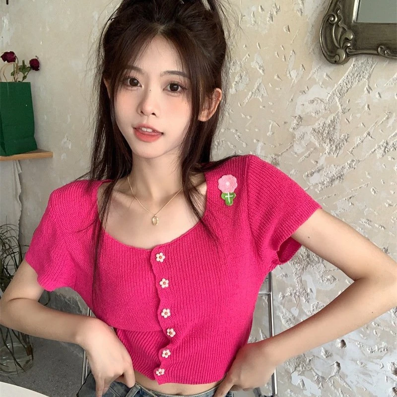 多巴胺辣妹设计感小众针织短袖恤女夏季2025新款修身短款上衣