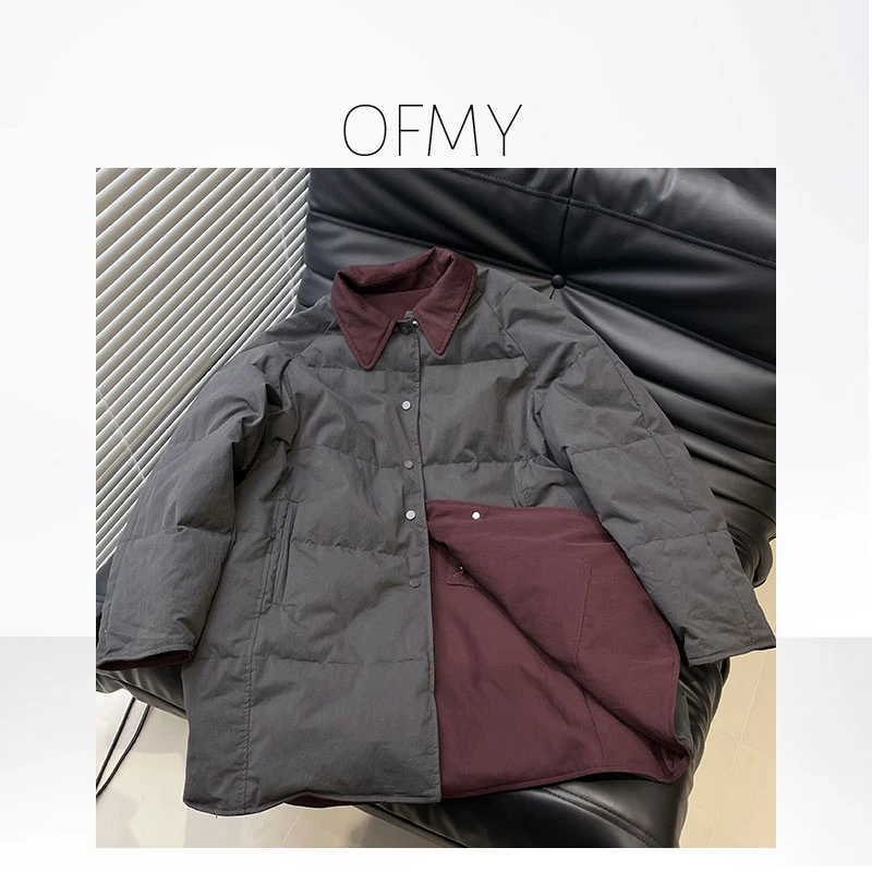 FY368 双面穿冬季翻领保暖中长款户外休闲时尚保暖复古羽绒服