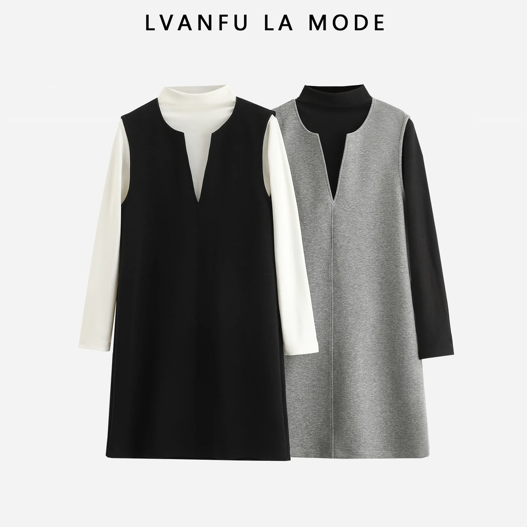 依凡芙&到手两件套秋季新款重磅空气层高领时尚马甲裙1206