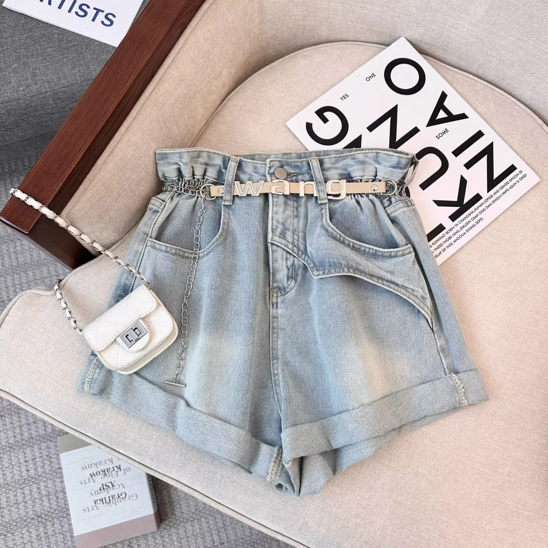 2024年宽松卷边牛仔短裤女夏天新款辣妹设计感高腰A字裤阔腿热裤