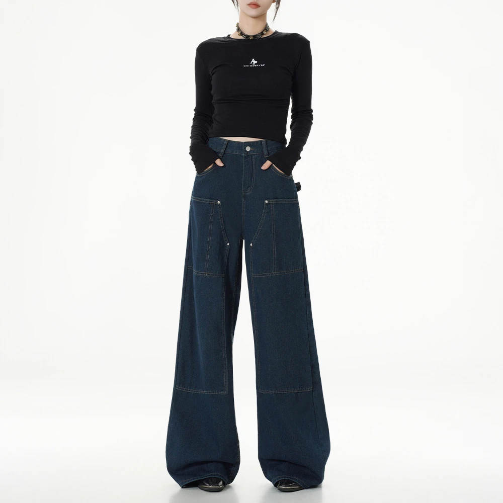 高腰工装牛仔裤女秋冬新款美式高街裤春装慵懒松弛感宽松阔腿裤子