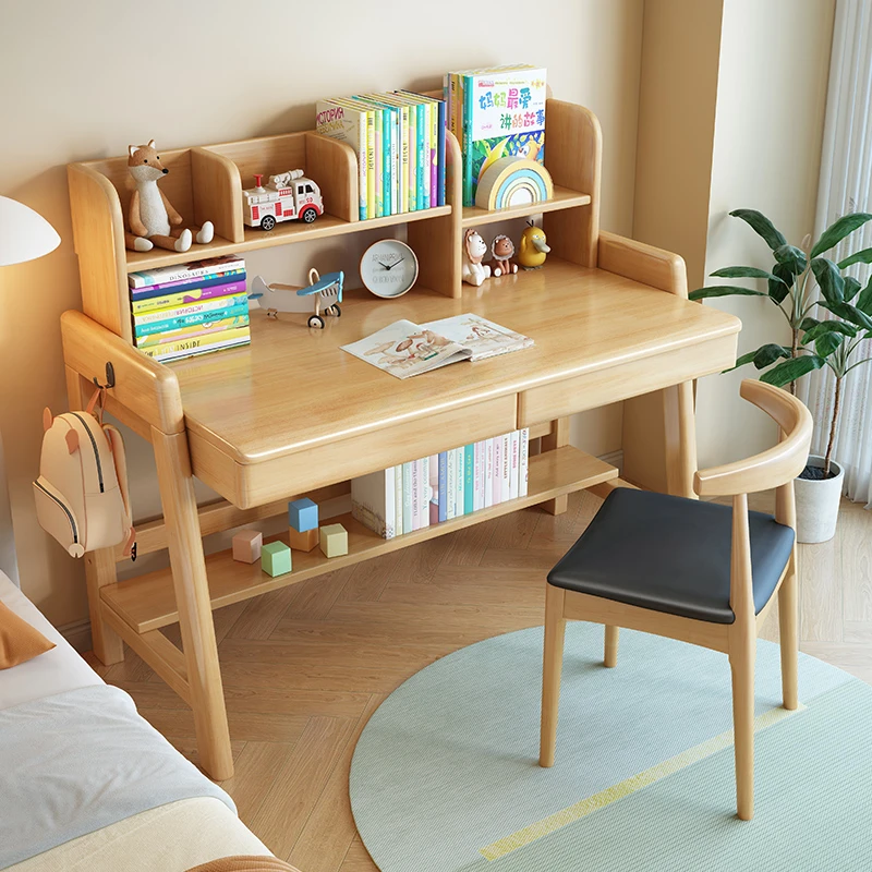 实木书桌书架一体桌可升降卧室儿童学习桌简约现代家用学生电脑桌
