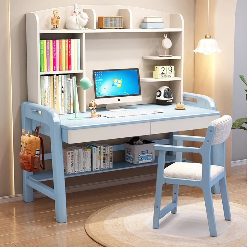 书桌实木书架一体家用初中小学生写字台式电脑桌卧室儿童学习桌子