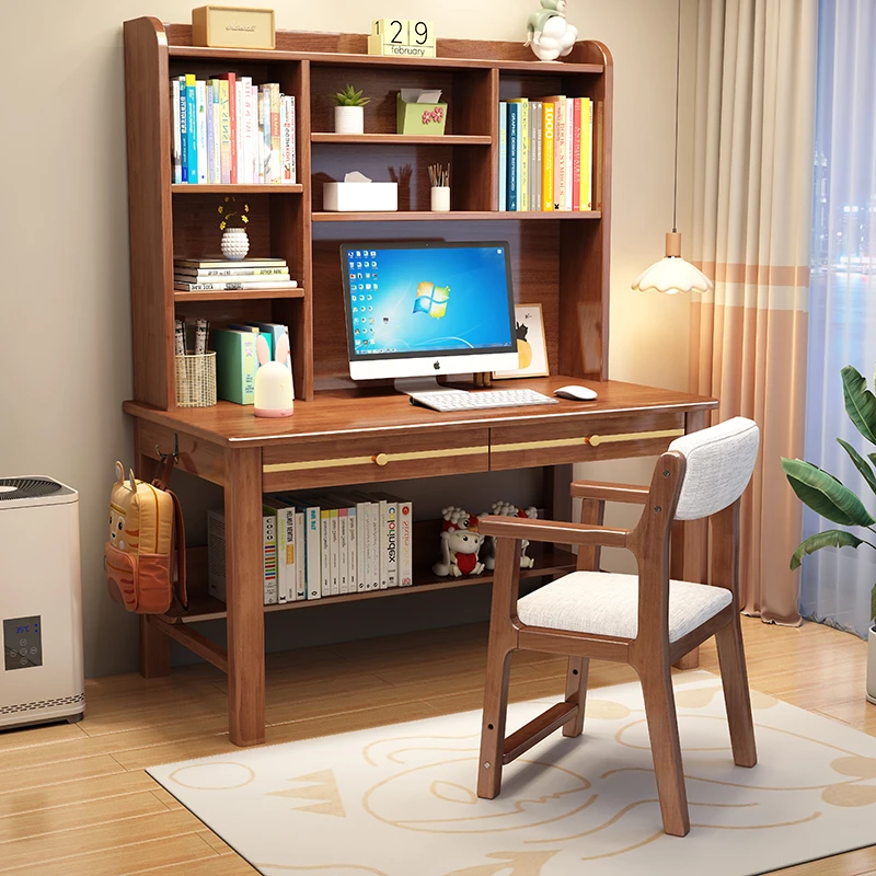 实木书桌高书架一体电脑桌卧室学生写字书桌简约高中生专用学习桌