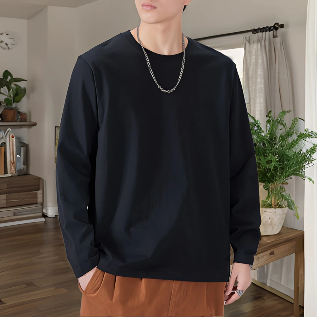 【舒适秋装】重磅230克棉圆领长袖t恤上衣大码打底衫宽松纯色男士百