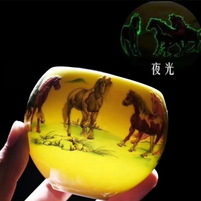 新中式【八骏图.夜光杯】羊脂玉瓷主人杯茶杯