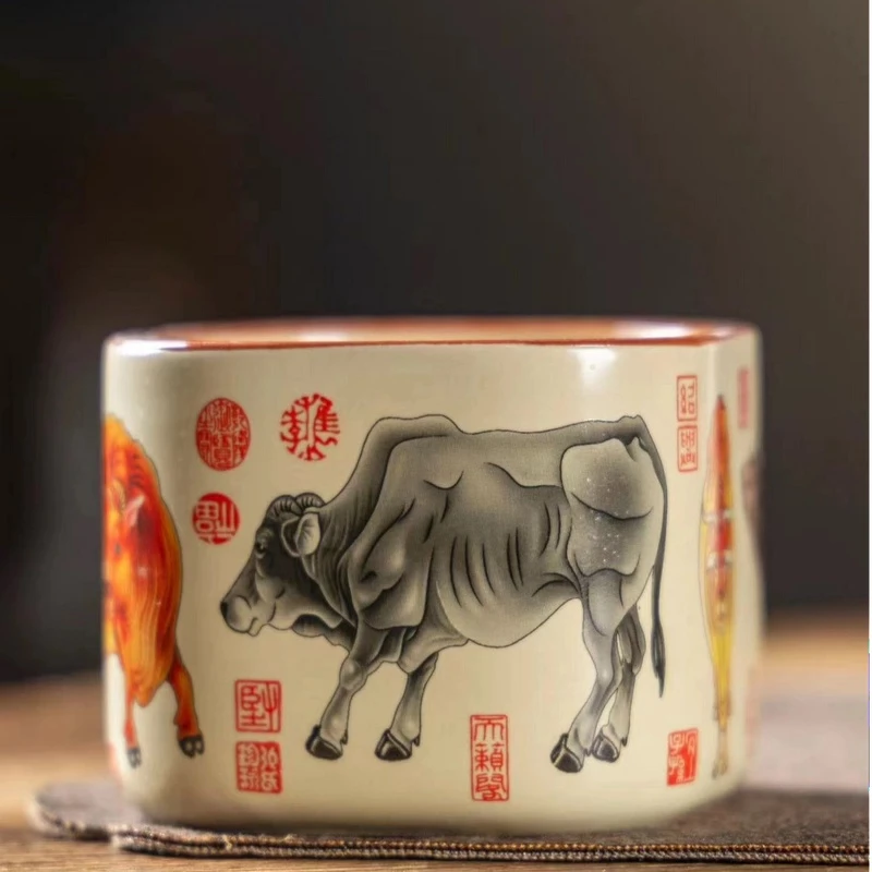 (活动福利包邮)中国风汝窑内圆外方杯五牛杯开片防烫茶杯