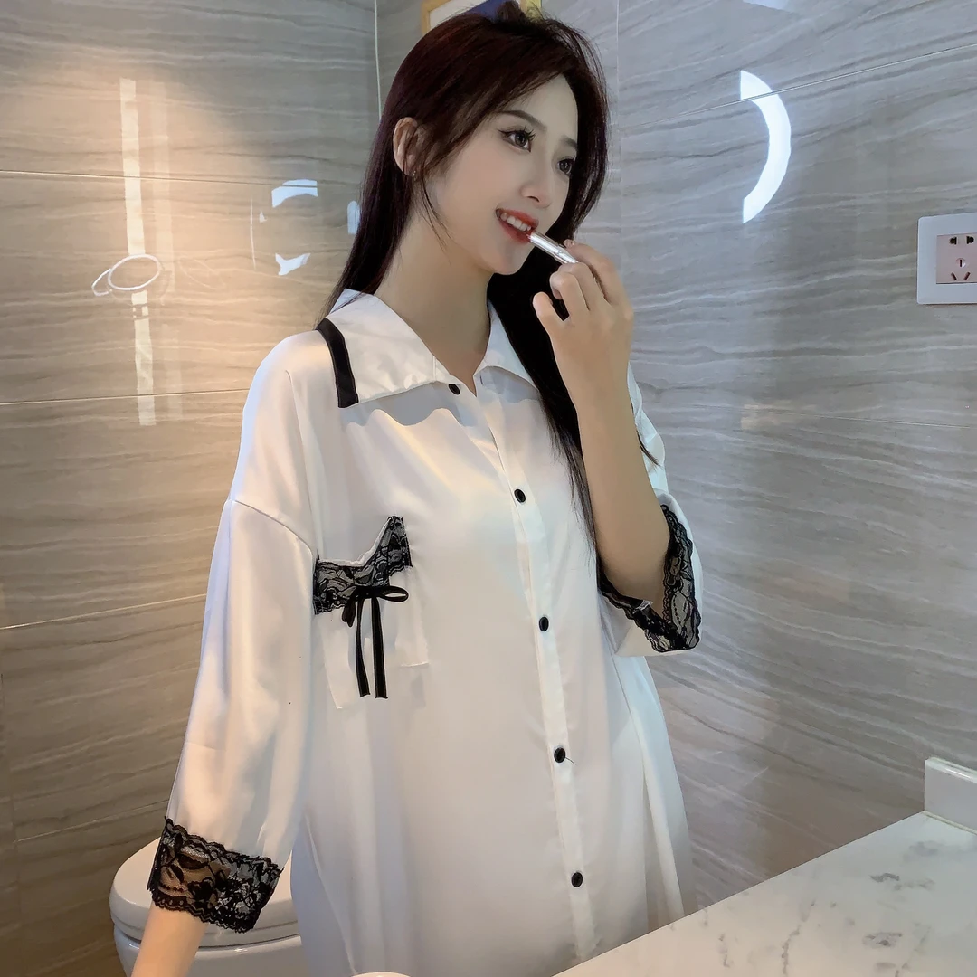 冰雪丝黑色蕾丝简约单边口袋睡裙家居服