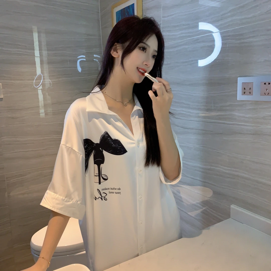 【媚态如风】冰雪丝中长款宽松黑白蝴蝶结网红奢华家居服睡裙