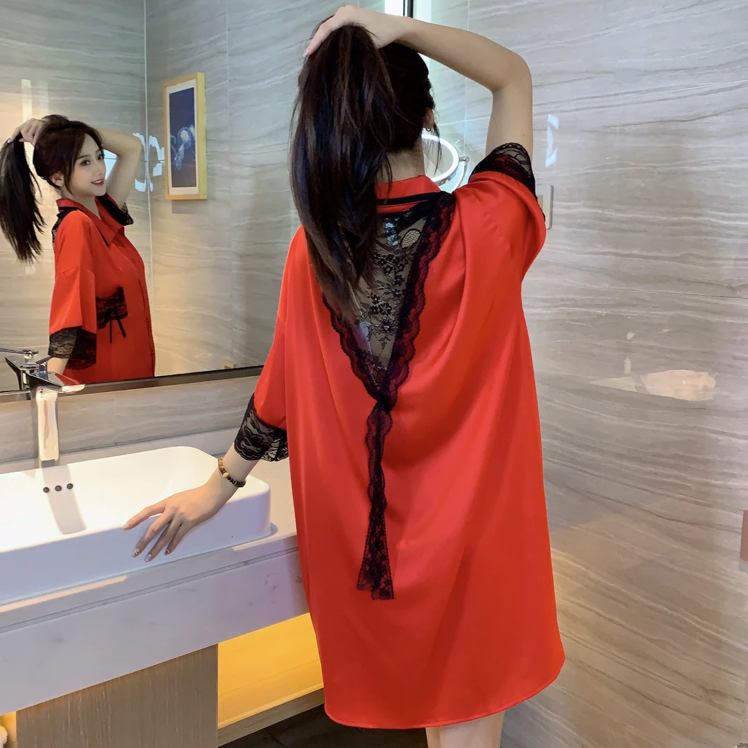 【气质高雅】冰雪丝红色 后背时尚黑蕾丝家居睡裙