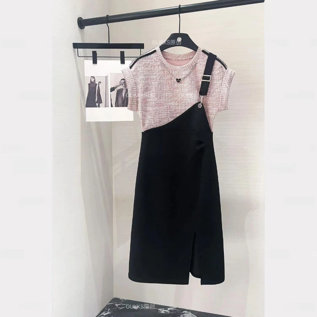 2024夏季新款时尚百搭收腰假两件气质拼接背带开叉小香风长裙女潮