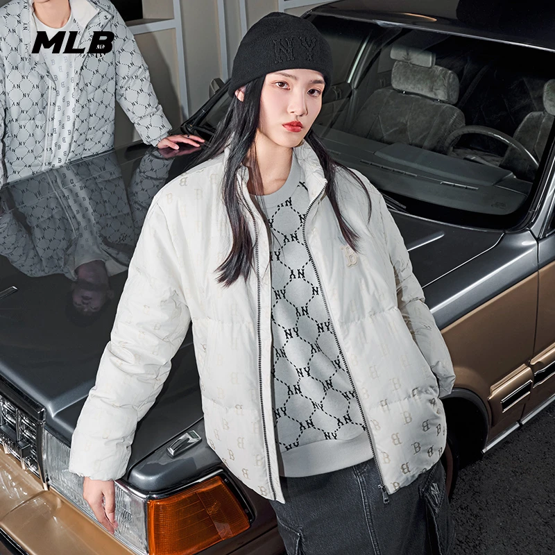 MLB官方好羽绒男女情侣暗纹满印老花立领短款运动羽绒服新款DJM03