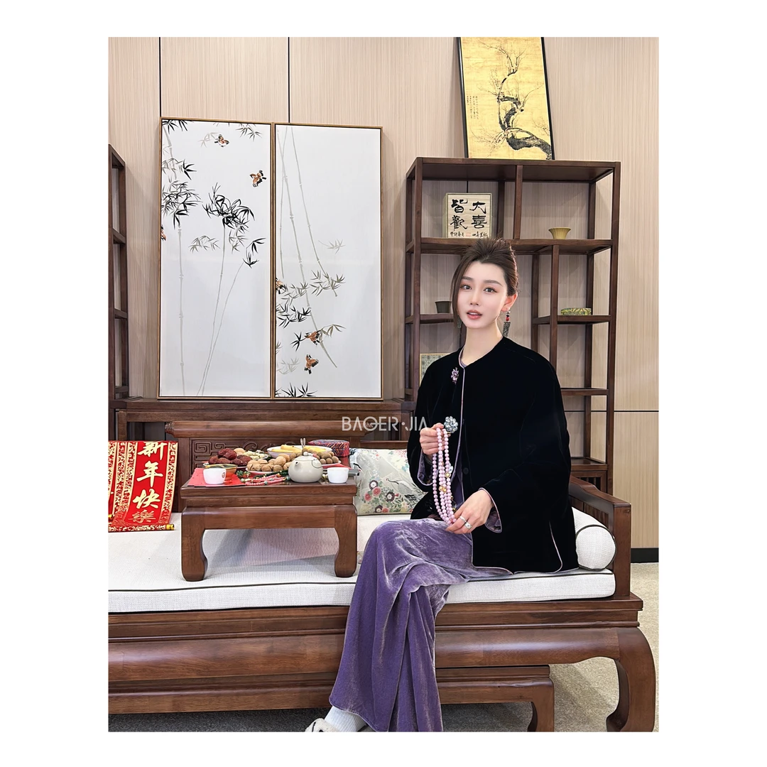 高端-【嫣然一笑】宝儿家BA40823412冬季国风真丝丝绒定制花朵外套