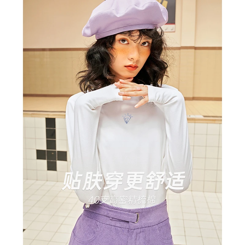 初语女装休闲T恤女冬季长袖刺绣半高领打底衫内搭上衣8240111017