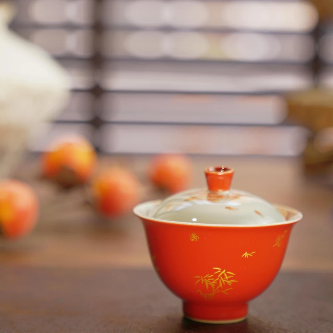 矾红花海盖碗陶瓷茶具