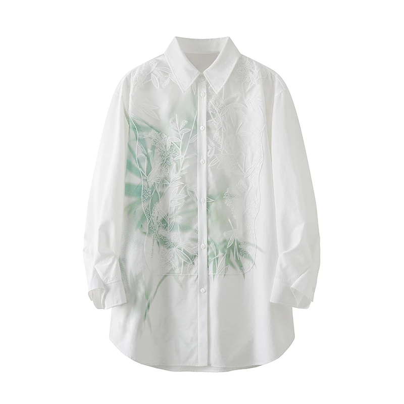 【Y2305】中式国风绣花重工蕾丝竹子印花宽松白衬衫翻领长袖衬衣女