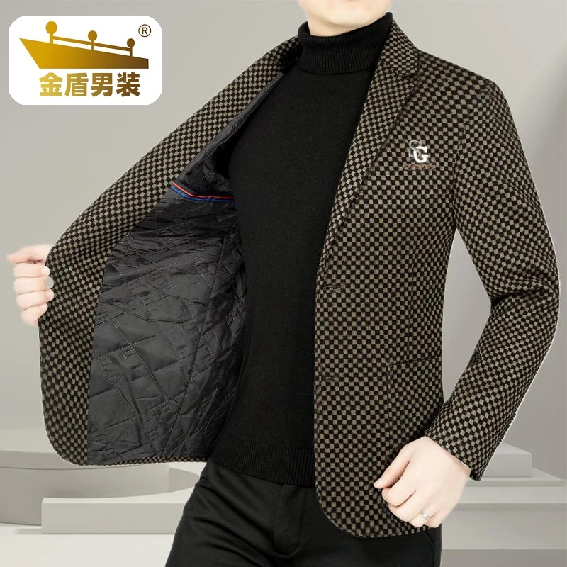 金盾春季新款高档男装男士西装中年外套西服商务春秋款格子上衣