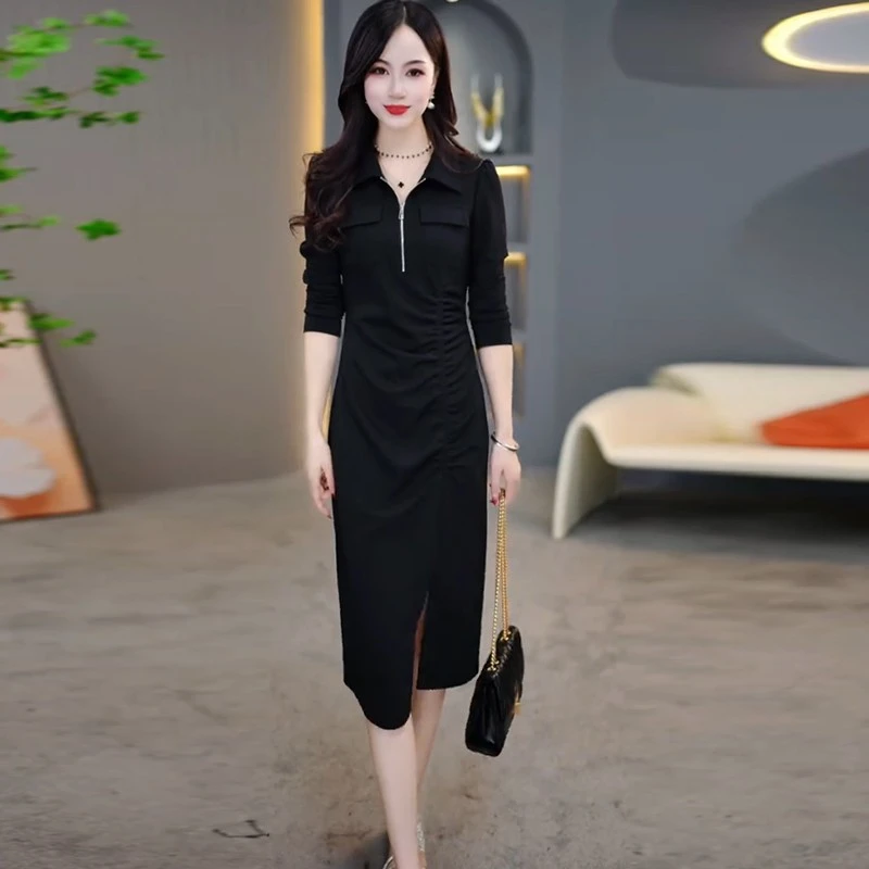 长袖连衣裙女2025秋季新款洋气质显瘦拉链翻领中长款收腰打底裙子