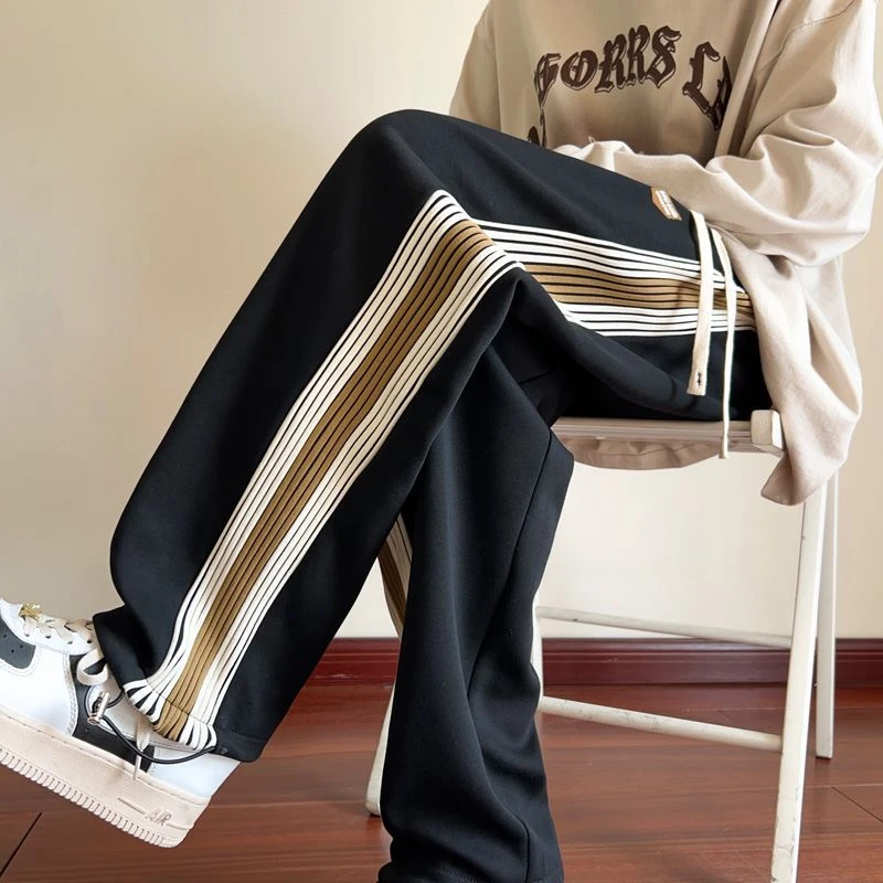 高街男秋冬潮牌宽松直筒卫裤加绒加厚运动中性风条纹休闲裤男生