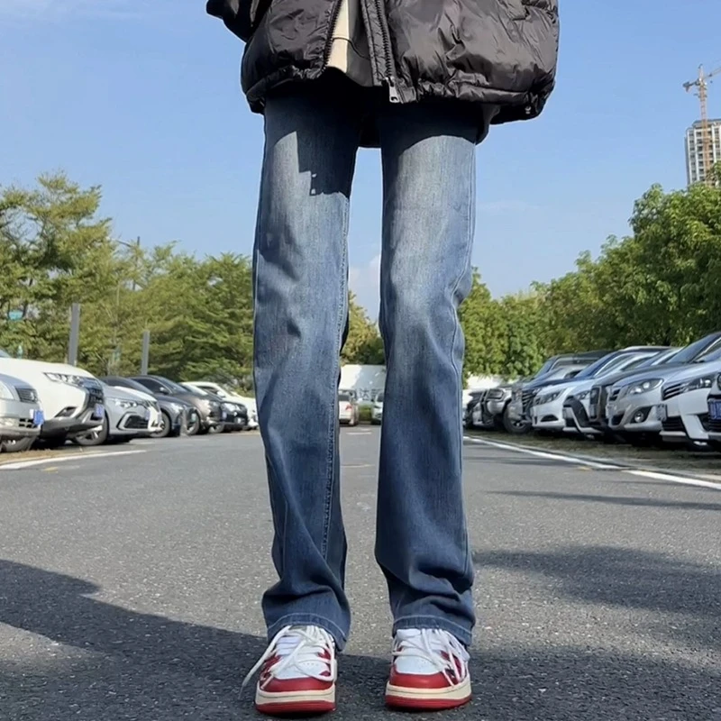复古蓝窄版阔腿牛仔裤女秋季加绒高腰弹力直筒裤小个子烟筒拖地裤