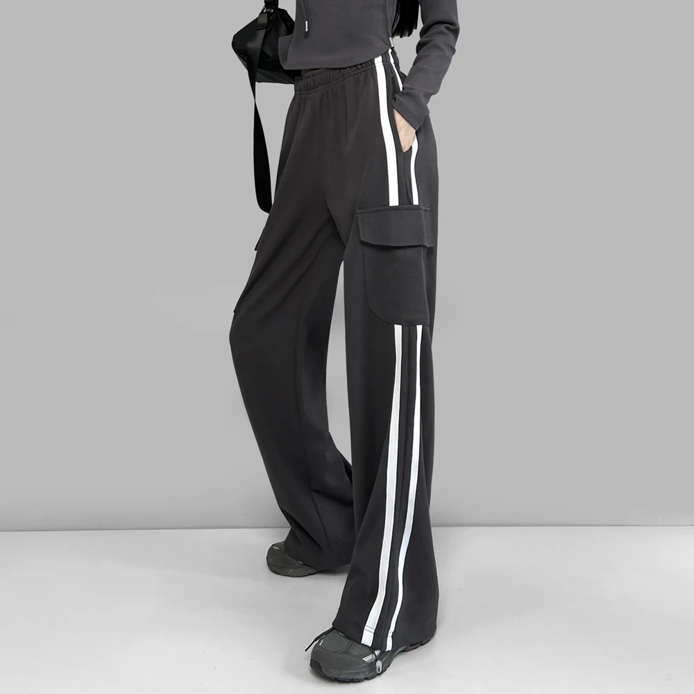 《侧边条纹拼接》欧美宽松卫裤女2023春季抽绳口袋休闲束脚舞蹈裤