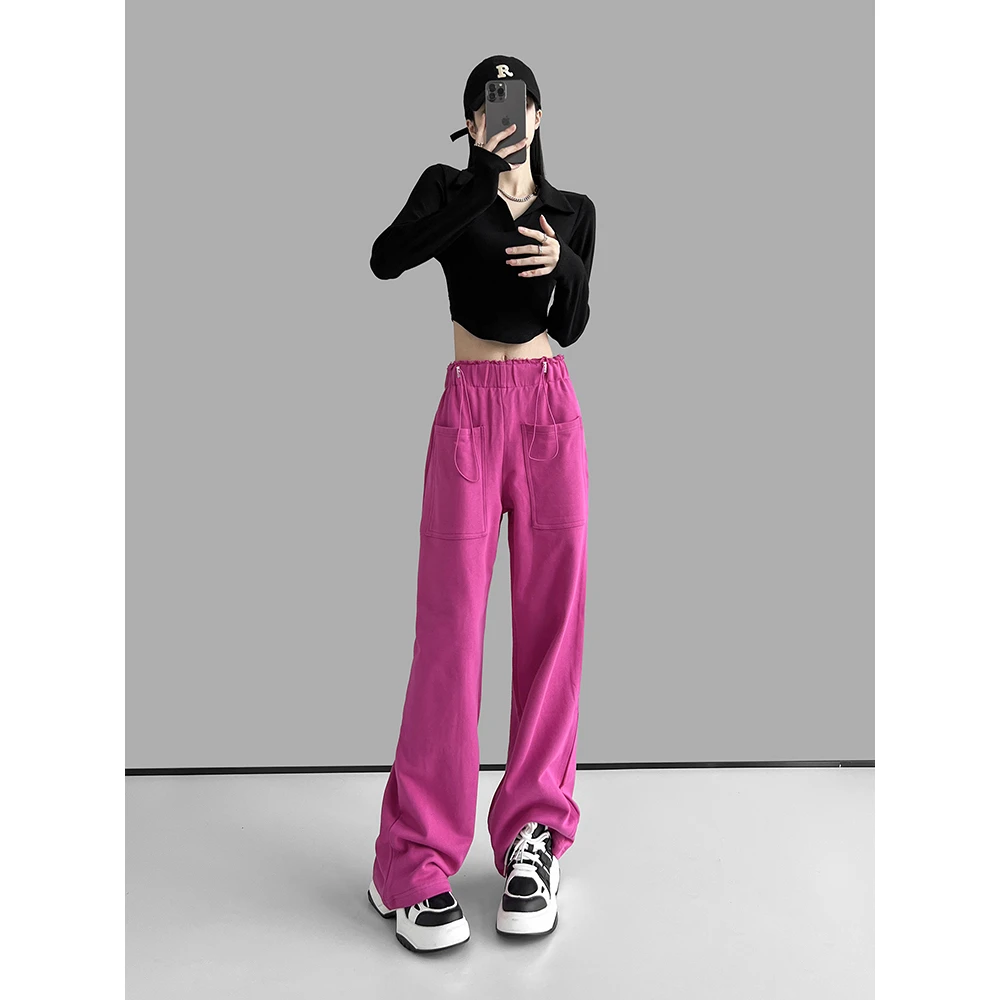 动感少女宽松显瘦阔腿裤2023秋季新款欧美风高腰设计感休闲直筒裤