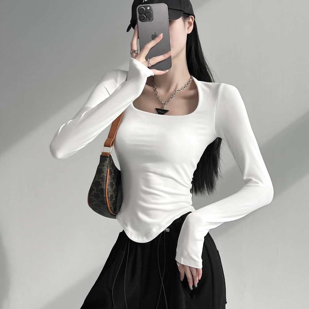 《大方领》欧美风紧身抓绒打底衫女2023春季新款弹力紧身长袖T恤