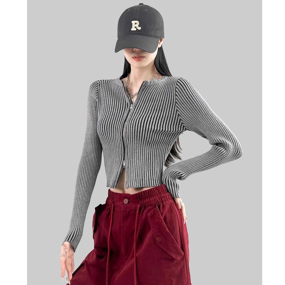 动感少女2023秋冬欧美风辣妹坑条针织开衫毛衣修身露脐打底上衣