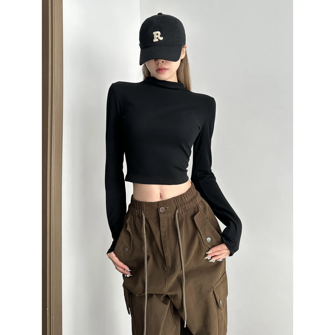 动感少女欧美风磨毛晕染半高领打底衫女秋冬修身显瘦露脐短款T恤