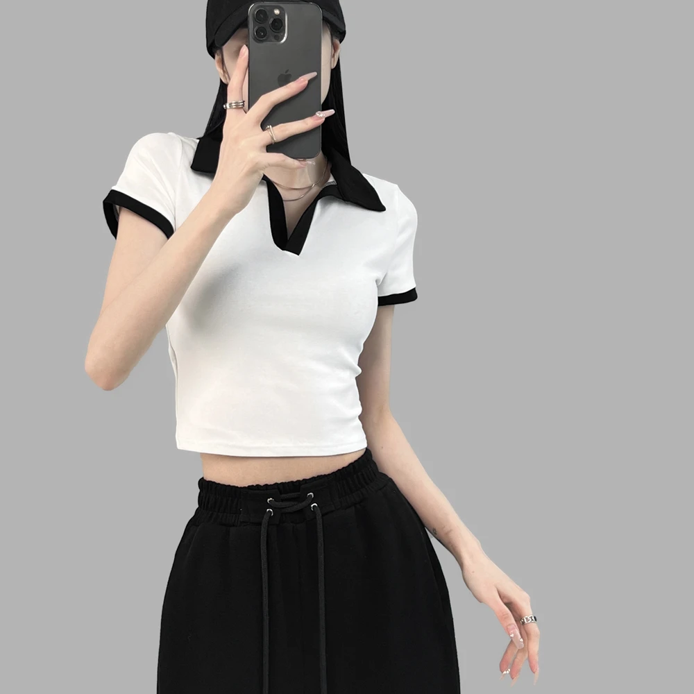 《撞色polo领》短袖T恤女2023夏季新款修身拼接短款辣妹百搭上衣