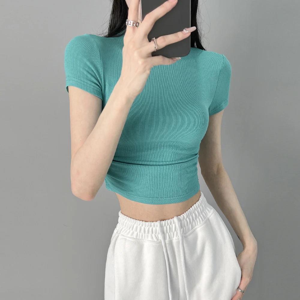 《纯欲风》半高领褶皱短袖T恤女2023夏季纯色弹力显瘦紧身上衣女