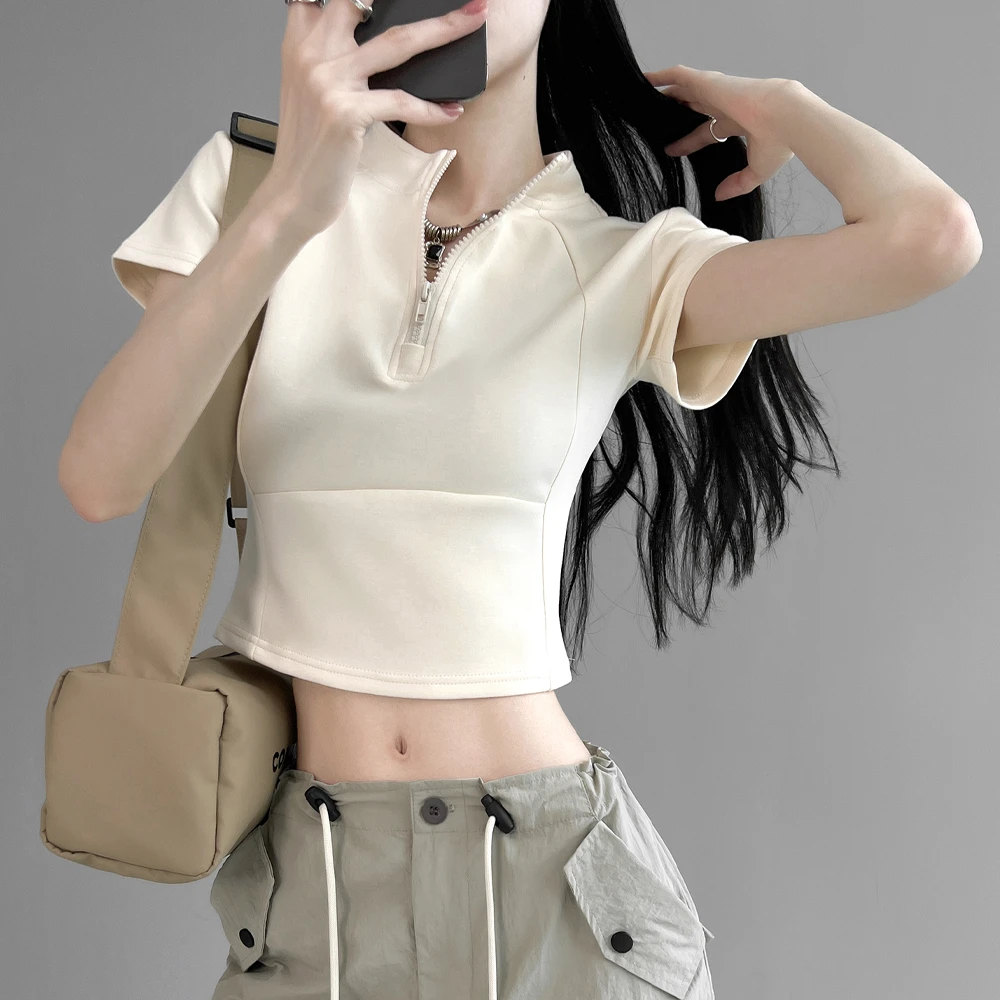 动感少女美式辣妹拉链T恤季短款修身显瘦设计感运动收腰ins潮上衣