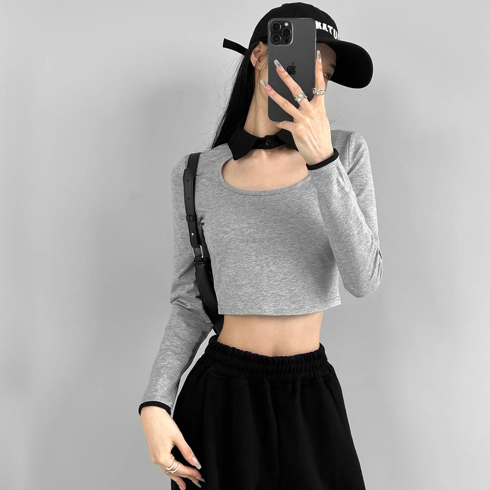 动感少女《撞色polo领》欧美风镂空女2023春季修身显瘦长袖T恤女