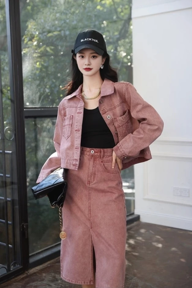 2025春秋新款复古做旧玫瑰粉牛仔外套女高腰半身裙炸街时尚套装潮
