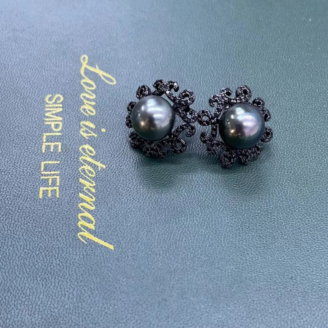 纯银复古耳饰大溪地黑色珍珠耳钉新款气质简约经典耳环