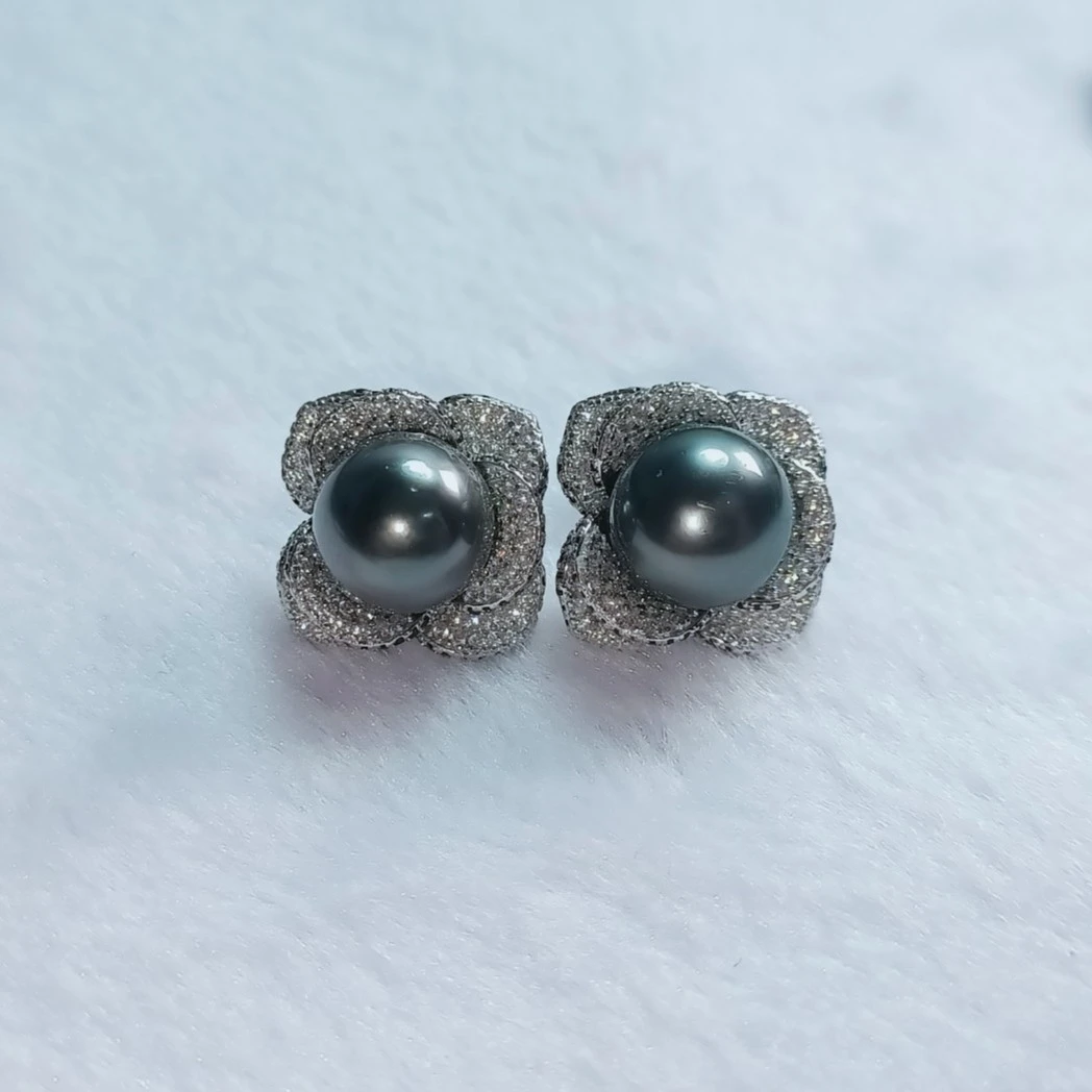 天然海水珍珠大溪地黑珍珠耳钉镜面极光百搭山茶花耳饰