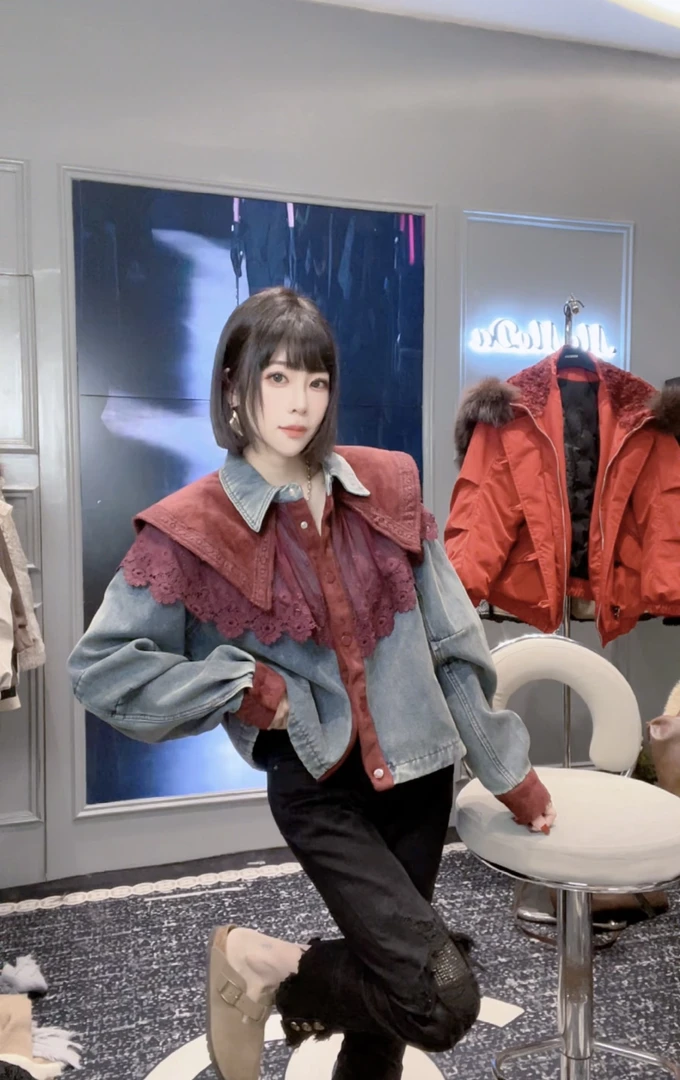 欧货拼接撞色重工女牛仔衣短外套洋气宽松显瘦百搭241150