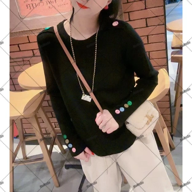 【茉茉推荐】撞色彩肩扣圆领针织毛衫秋冬102241时尚宽松百搭显瘦女