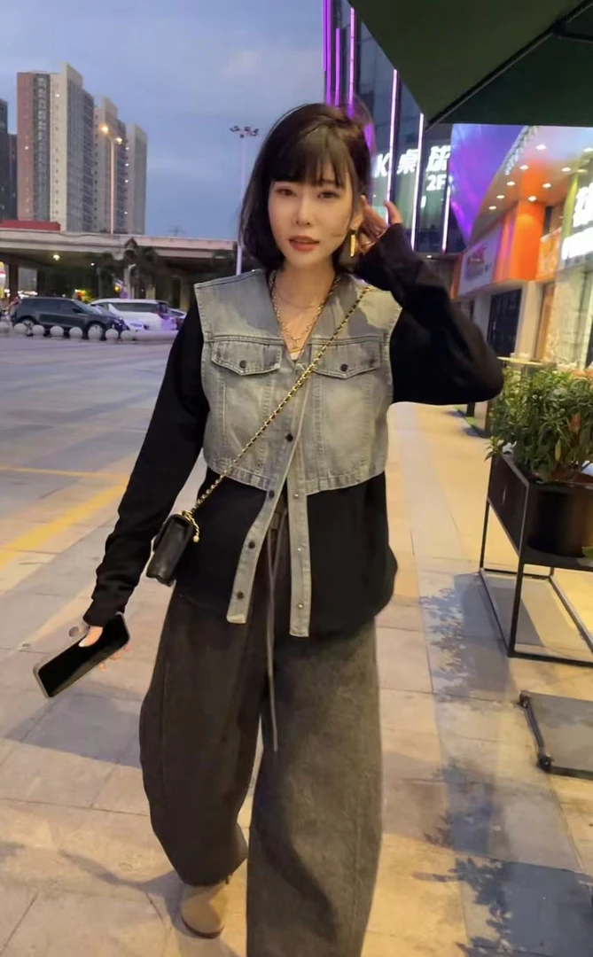 欧洲站秋L851冬新款时尚假两件牛仔马甲拼接黑色打底开衫外套女炒