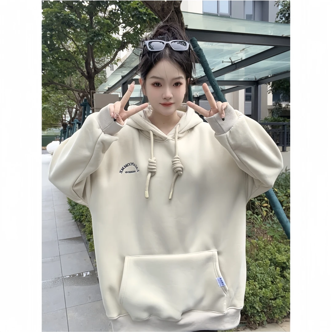 【LAG现货】加绒加厚中长款卫衣女2024新款爆款连帽字母慵懒风上衣