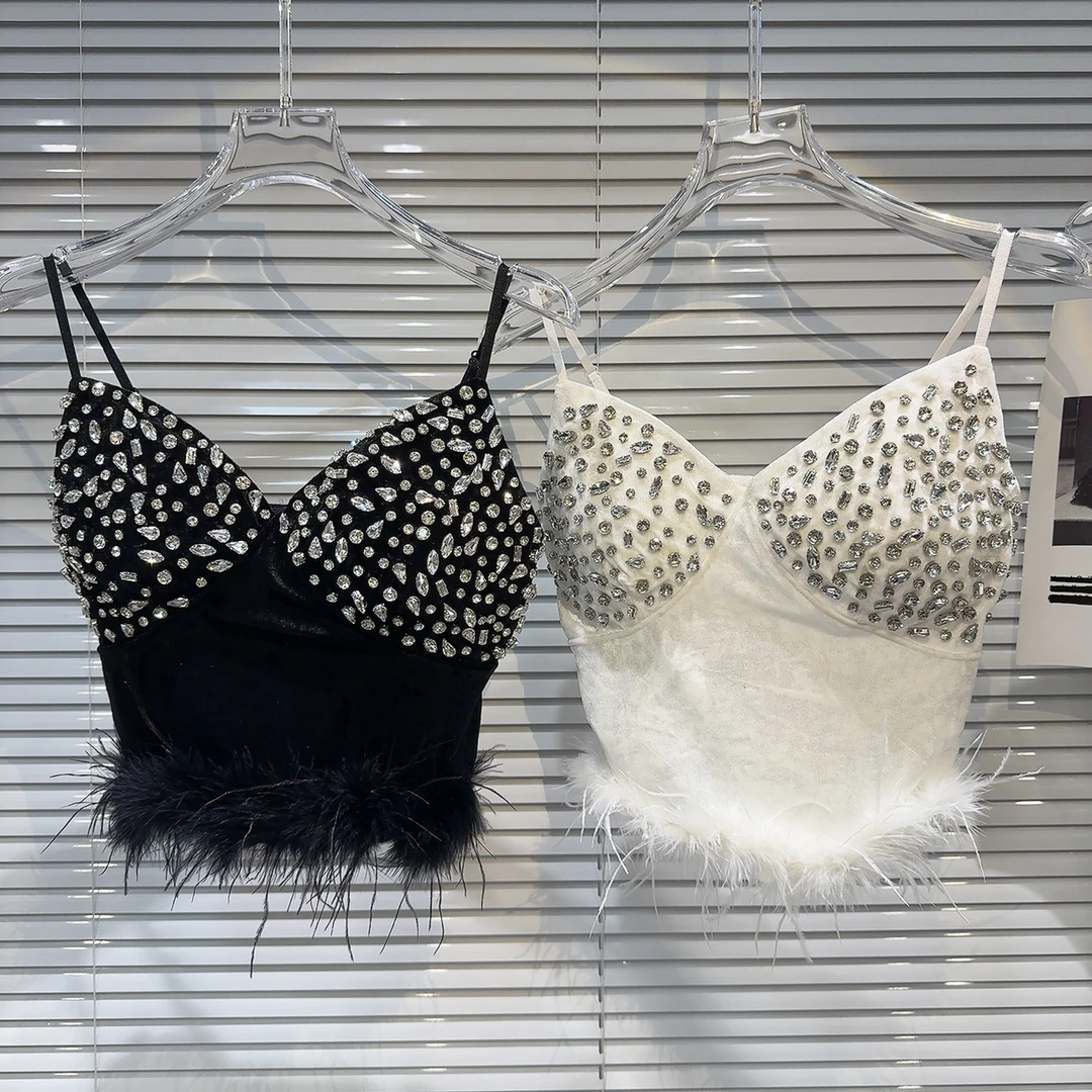 豆豆推荐 毛毛边丝绒胸垫吊带背心女