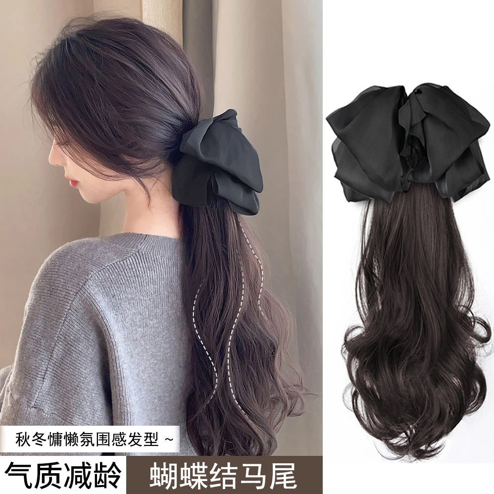 气质蝴蝶结马尾假发女长卷发抓夹长发高马尾仿真发低扎辫子假马尾