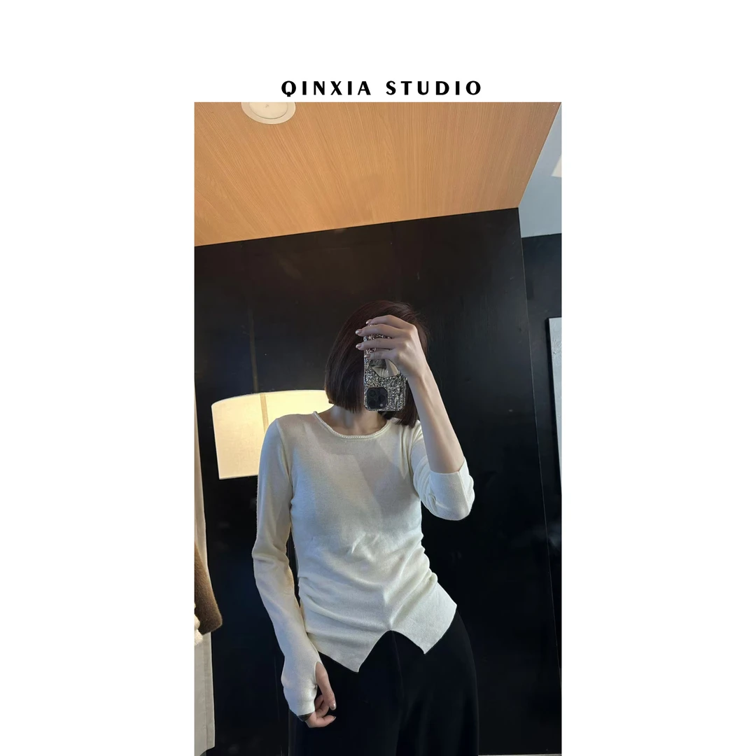 QINXIA【下摆开叉T恤】慵懒松弛纯色圆领长袖毛针织衫女上衣QX3211