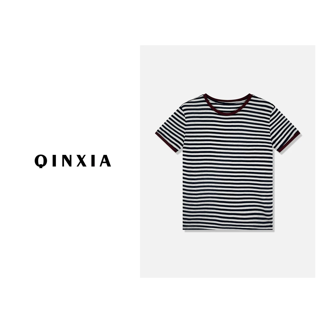 QINXIA【波尔多条纹】条纹撞色极简短款正肩T恤