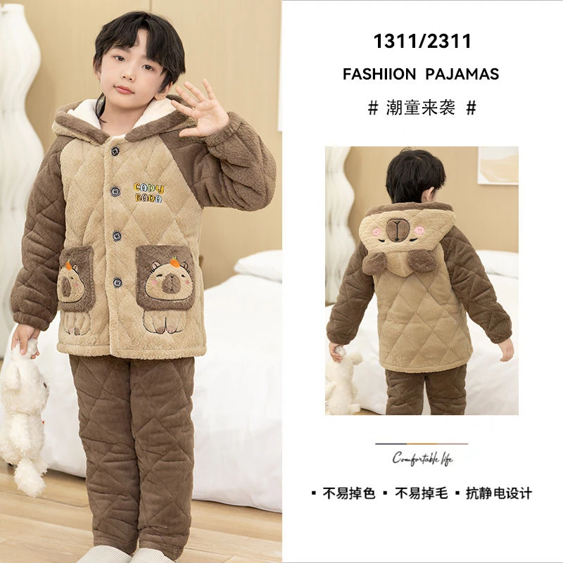 童装睡衣冬季加厚款三层夹棉新潮帅气男童棉袄法兰绒珊瑚绒家居服
