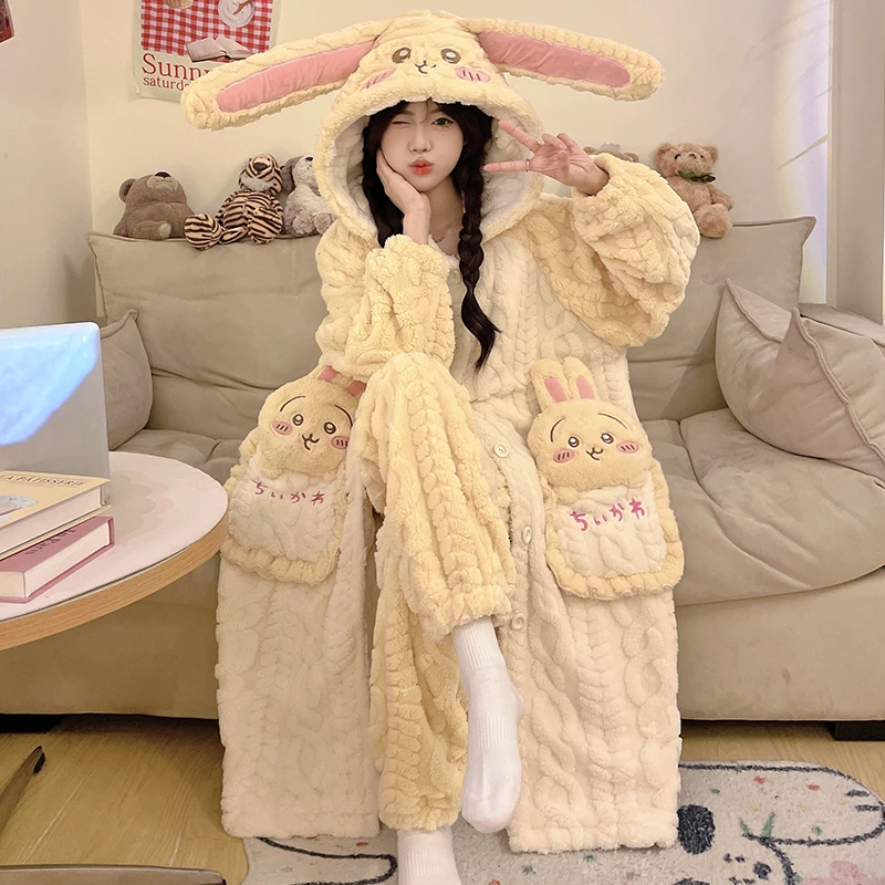 珊瑚绒睡袍秋冬季加绒加厚chikawa乌萨奇睡衣女款冬天家居服套装