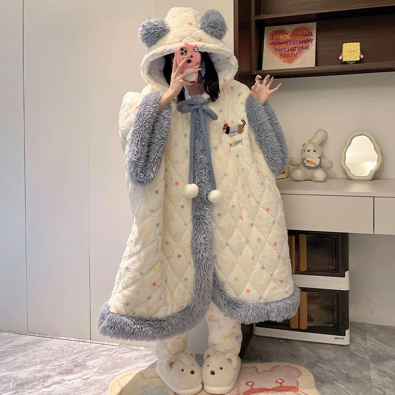 卡通可爱睡袍三层夹棉斗篷女款秋冬季加绒加厚披风法兰绒家居服装