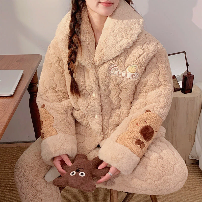 超厚睡衣女2024新款加绒加厚秋冬保暖高颜值夹棉法兰绒居家服套装